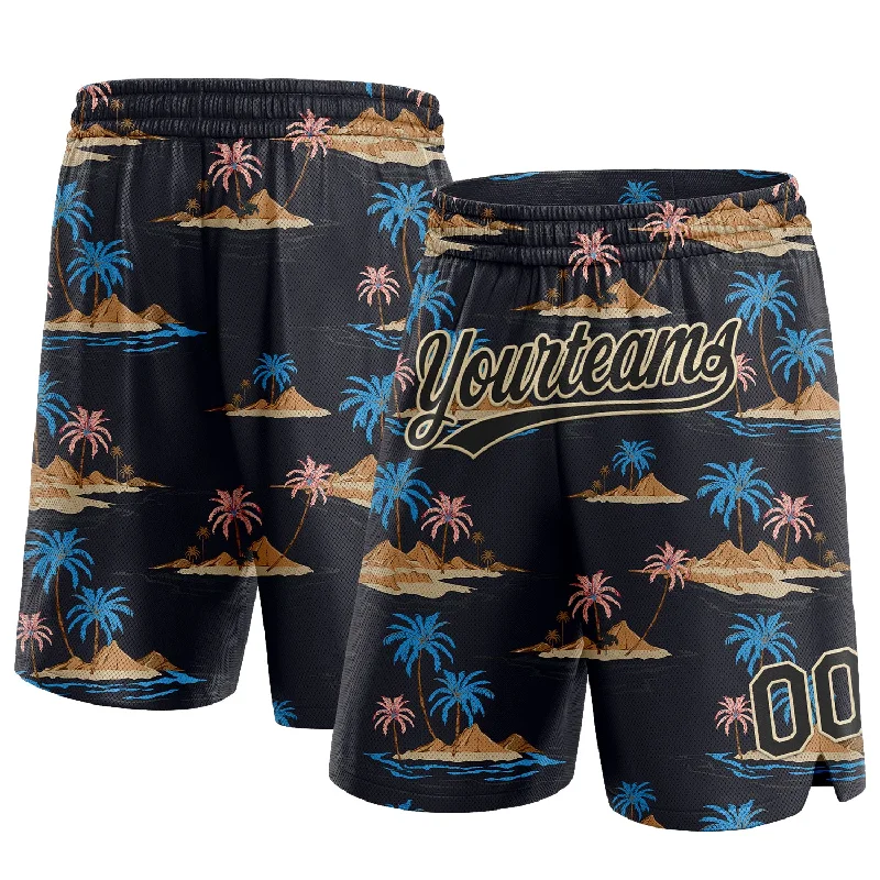 Men's basketball shorts pro-elite -Custom Black City Cream 3D Pattern Hawaii Palm Trees And Island Authentic Basketball Shorts