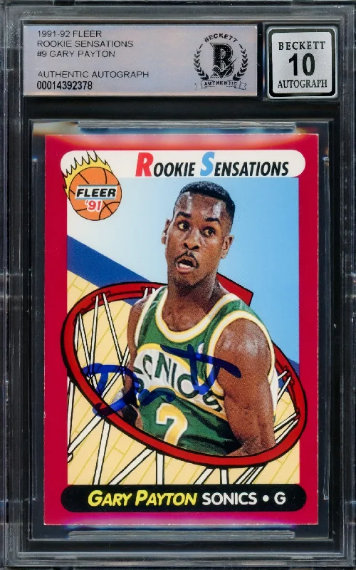 Men's basketball card classic series -Gary Payton Autographed 1991-92 Fleer Rookie Sensations Rookie Card #9 Seattle Supersonics Auto Grade Gem Mint 10 Beckett BAS #14392378