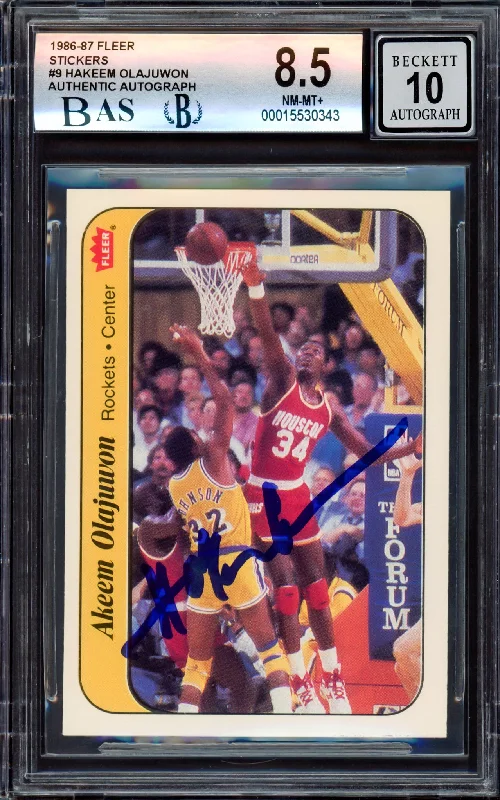 Men's basketball card sport package -Hakeem Olajuwon Autographed 1986-87 Fleer Stickers Rookie Card #9 Houston Rockets BGS 8.5 Auto Grade Gem Mint 10 Beckett BAS #15530343