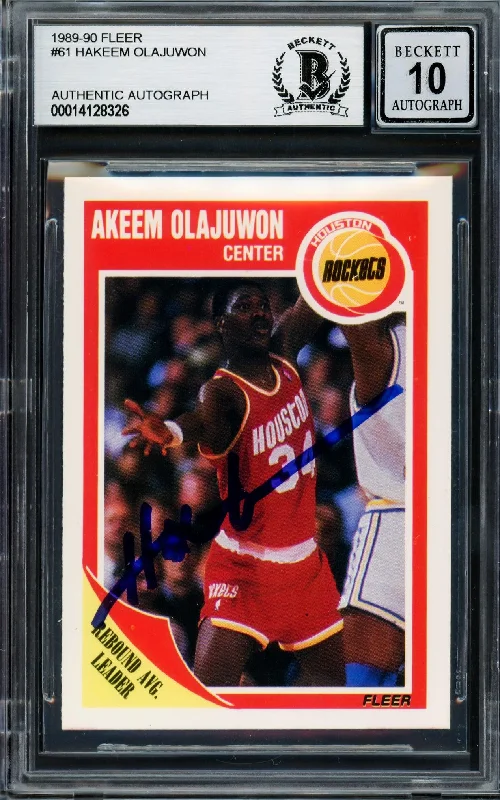 Men's basketball card deluxe edition -Hakeem Olajuwon Autographed 1989-90 Fleer Card #61 Houston Rockets Auto Grade Gem Mint 10 Beckett BAS #14128326