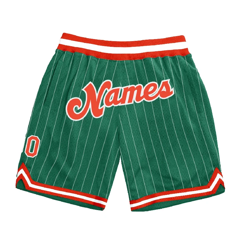 Men's basketball shorts relaxed-pro -Custom Kelly Green White Pinstripe Orange-White Authentic Basketball Shorts