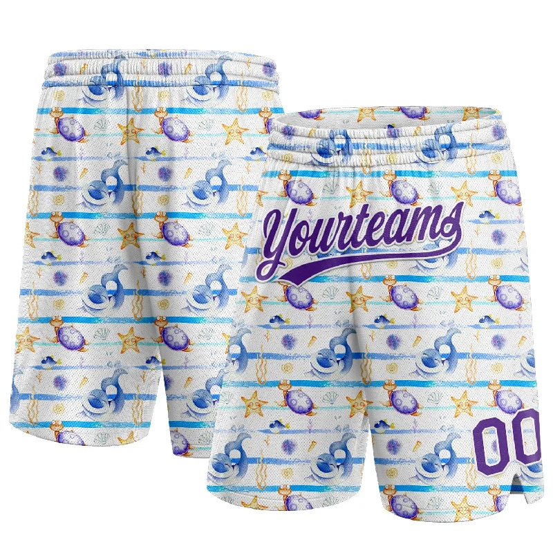 Men's basketball shorts breathable-urban -Custom White Purple 3D Pattern Starfishs And Sea Wave Authentic Basketball Shorts