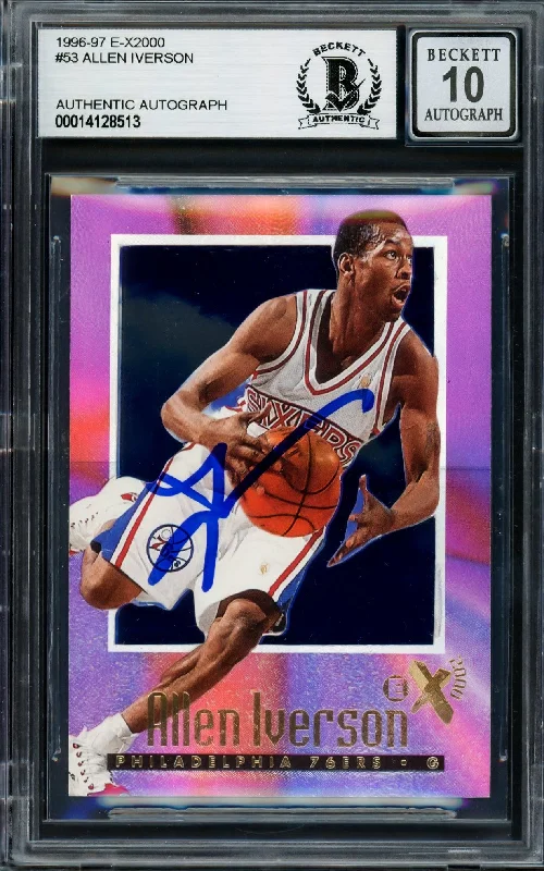 Men's basketball card game highlight -Allen Iverson Autographed 1996-97 Skybox E-X 2000 Rookie Card #53 Philadelphia 76ers Auto Grade Gem Mint 10 Beckett BAS #14128513