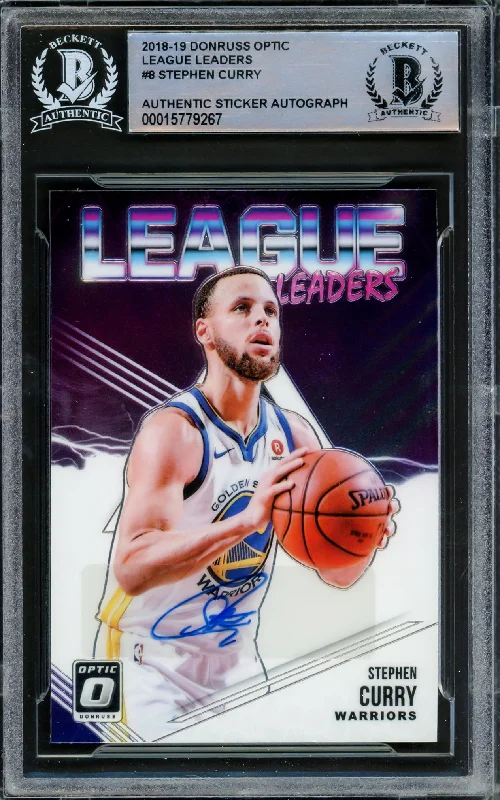 Men's basketball card exclusive drop -Stephen Curry Autographed 2018-19 Donruss Optic League Leaders Card #8 Golden State Warriors Beckett BAS #15779267