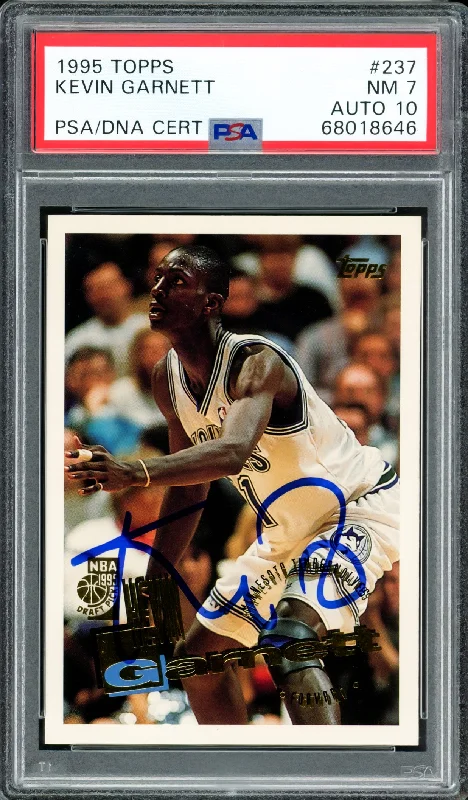 Men's basketball card foil accents -Kevin Garnett Autographed 1995 Topps Rookie Card #237 Minnesota Timberwolves PSA 7 Auto Grade Gem Mint 10 PSA/DNA #68018646