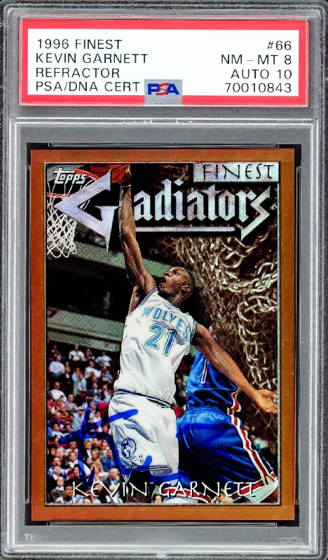 Men's basketball card premium finish -Kevin Garnett Autographed 1996 Finest Refractor Rookie Card #66 Minnesota Timberwolves PSA 8 Auto Grade Gem Mint 10 PSA/DNA #70010843