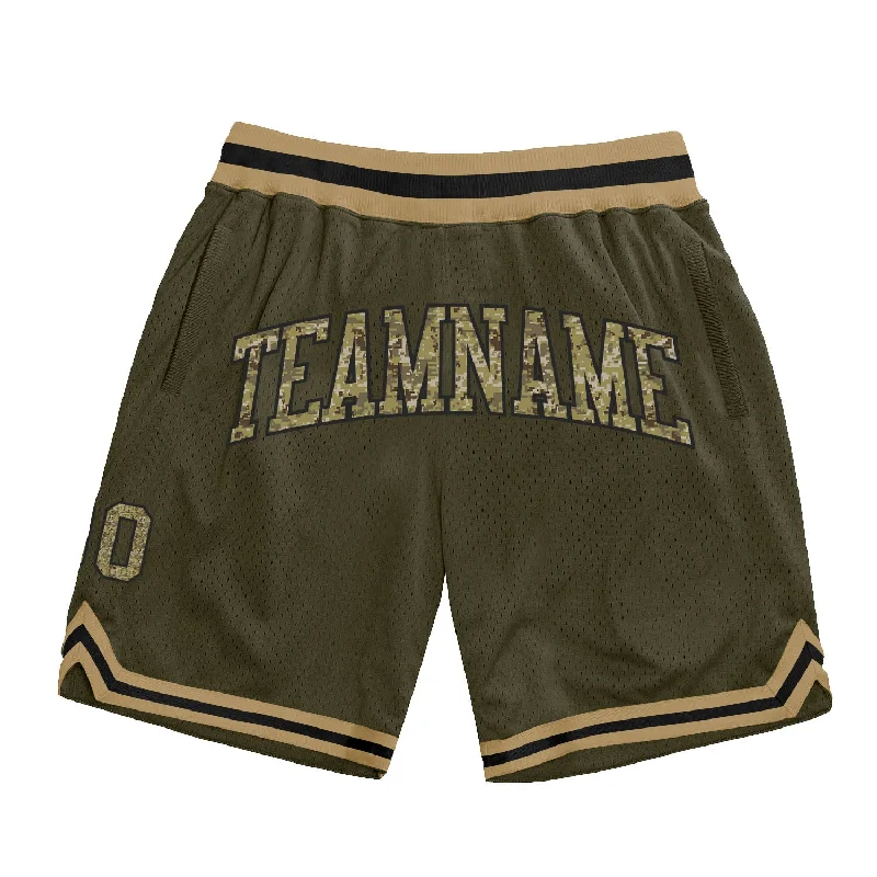 Men's basketball shorts sleek-hybrid -Custom Olive Camo Black-Old Gold Authentic Throwback Salute To Service Basketball Shorts