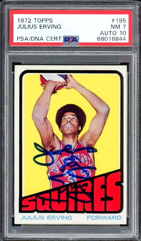 Men's basketball card autographed version -Julius Erving Autographed 1972-73 Topps Rookie Card #195 Virginia Squires PSA 7 Auto Grade Gem Mint 10 PSA/DNA #68016844