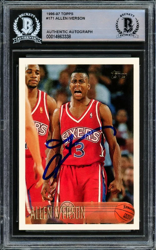 Men's basketball card crew lineup -Allen Iverson Autographed 1996-97 Topps Rookie Card #171 Philadelphia 76ers Beckett BAS Stock #209780