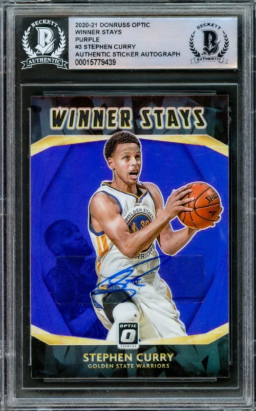 Men's basketball card modern trends -Stephen Curry Autographed 2020-21 Donruss Optic Purple Prizm Card #3 Golden State Warriors Beckett BAS #15779439