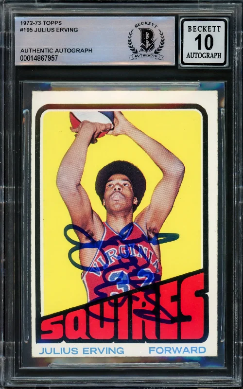 Men's basketball card sport cards -Julius Dr. J Erving Autographed 1972-73 Topps Rookie Card #195 Virginia Squires Auto Grade Gem Mint 10 Beckett BAS #14867957