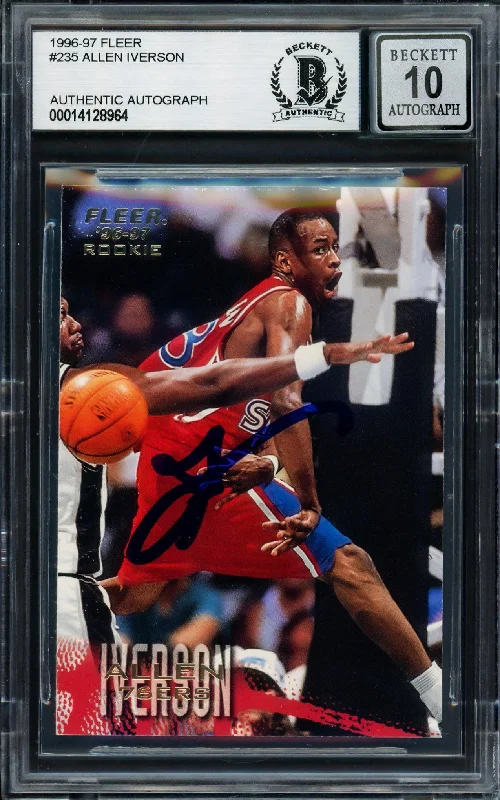 Men's basketball card low-cost option -Allen Iverson Autographed 1996-97 Fleer Rookie Card #235 Philadelphia 76ers Auto Grade Gem Mint 10 Beckett BAS #14128964