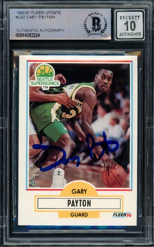 Men's basketball card pro athlete -Gary Payton Autographed 1990-91 Fleer Update Rookie Card #U-92 Seattle Supersonics Auto Grade Gem Mint 10 Beckett BAS Stock #206804