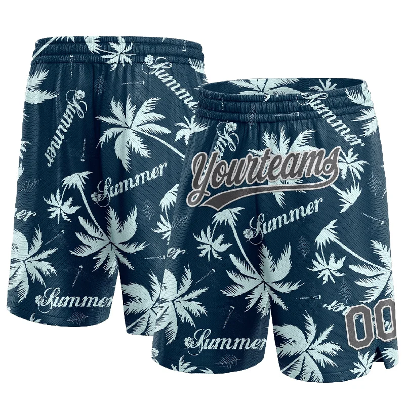 Men's basketball shorts rugged-style -Custom Navy Steel Gray-White 3D Pattern Hawaii Palm Trees Authentic Basketball Shorts