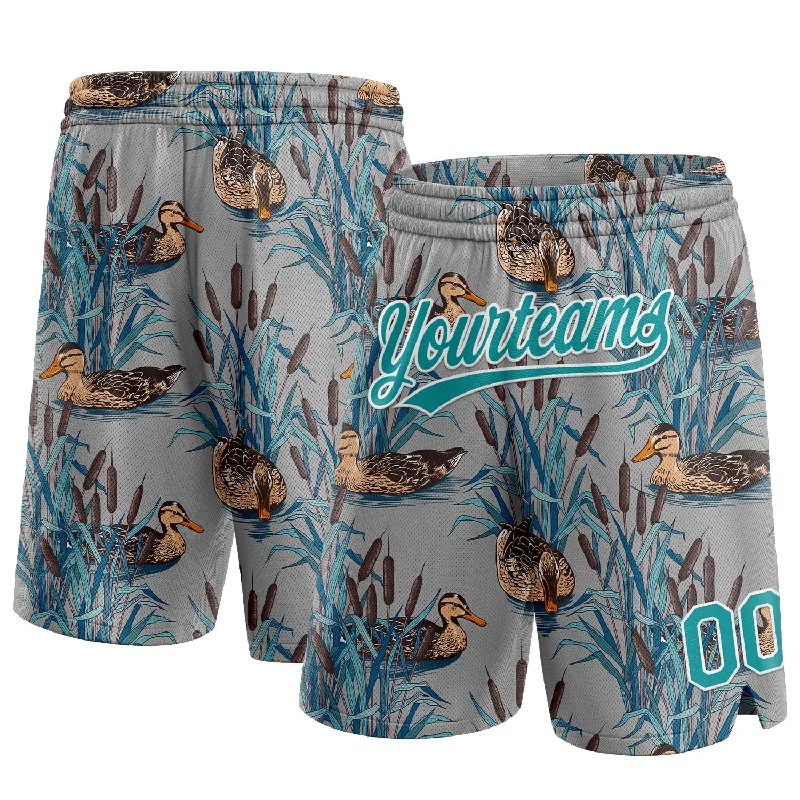 Men's basketball shorts quick-rugged -Custom Gray Teal-White 3D Pattern Hawaii Cattail And Duck Authentic Basketball Shorts