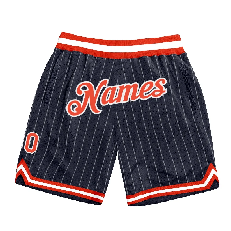 Men's basketball shorts breathable-cut -Custom Navy White Pinstripe Orange-White Authentic Basketball Shorts