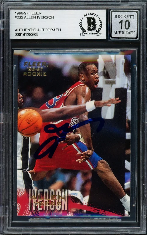 Men's basketball card branded logo -Allen Iverson Autographed 1996-97 Fleer Rookie Card #235 Philadelphia 76ers Auto Grade Gem Mint 10 Beckett BAS #14128963