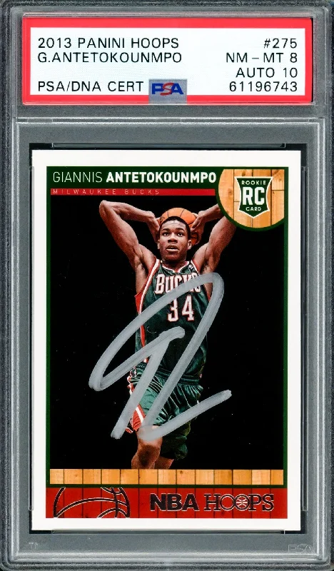 Men's basketball card custom sale -Giannis Antetokounmpo Autographed 2013 Panini Hoops Rookie Card #275 Milwaukee Bucks PSA 8 Auto Grade Gem Mint 10 PSA/DNA #61196743