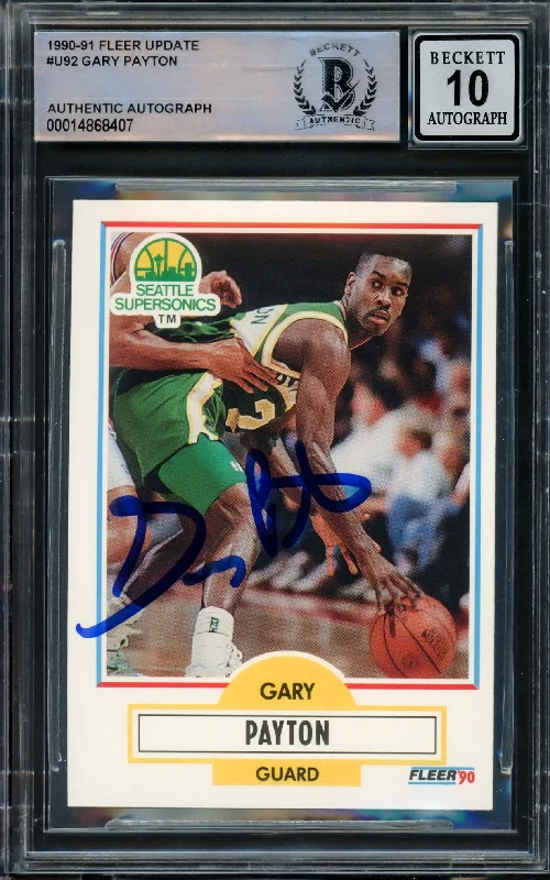 Men's basketball card performance combo -Gary Payton Autographed 1990-91 Fleer Update Rookie Card #U-92 Seattle Supersonics Auto 10 (Off-Center) Beckett BAS Stock #210481