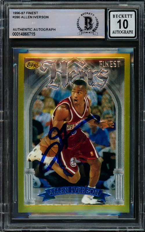 Men's basketball card lightweight series -Allen Iverson Autographed 1996-97 Topps Finest Gold Rookie Card #280 Philadelphia 76ers Auto Grade Gem Mint 10 Beckett BAS #14866715