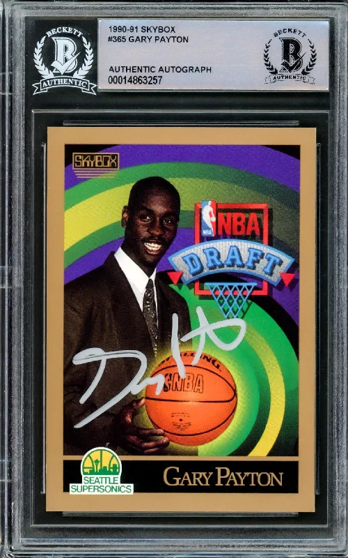 Men's basketball card high-end lineup -Gary Payton Autographed 1990-91 Skybox Rookie Card #365 Seattle Supersonics Beckett BAS Stock #209779