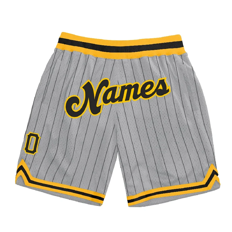 Men's basketball shorts bold-design -Custom Gray Black Pinstripe Black-Gold Authentic Basketball Shorts