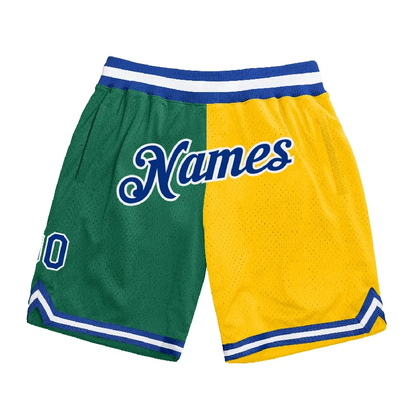 Men's basketball shorts active-elite -Custom Kelly Green Royal-Gold Authentic Throwback Split Fashion Basketball Shorts