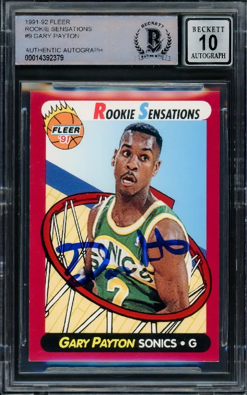 Men's basketball card bold graphics -Gary Payton Autographed 1991-92 Fleer Rookie Sensations Rookie Card #9 Seattle Supersonics Auto Grade Gem Mint 10 Beckett BAS #14392379