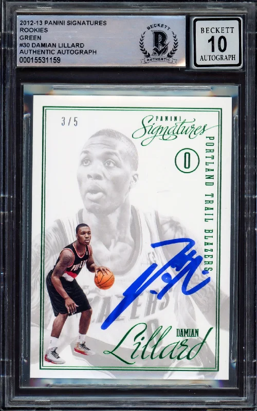 Men's basketball card player lineup -Damian Lillard Autographed 2012-13 Panini Signatures Green Rookie Card #30 Portland Trail Blazers Auto Grade Gem Mint 10 #3/5 Beckett BAS #15531159