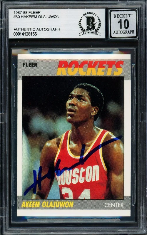 Men's basketball card sleek cards -Hakeem Olajuwon Autographed 1987-88 Fleer Card #80 Houston Rockets Auto Grade Gem Mint 10 Beckett BAS #14128166