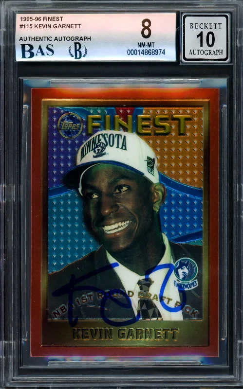 Men's basketball card custom artwork -Kevin Garnett Autographed 1995-96 Topps Finest Rookie Card #115 Minnesota Timberwolves BGS 8 Auto Grade Gem Mint 10 Beckett BAS #14868974