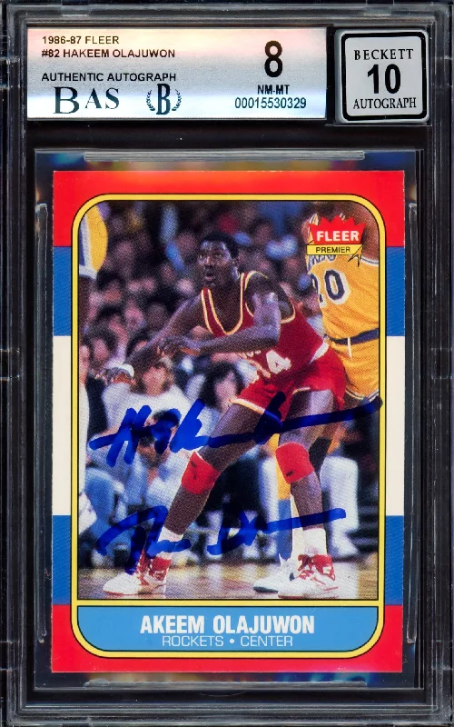 Men's basketball card team deal -Hakeem Olajuwon Autographed 1986-87 Fleer Rookie Card #82 Houston Rockets BGS 8 Auto Grade Gem Mint 10 "The Dream" Beckett BAS #15530329