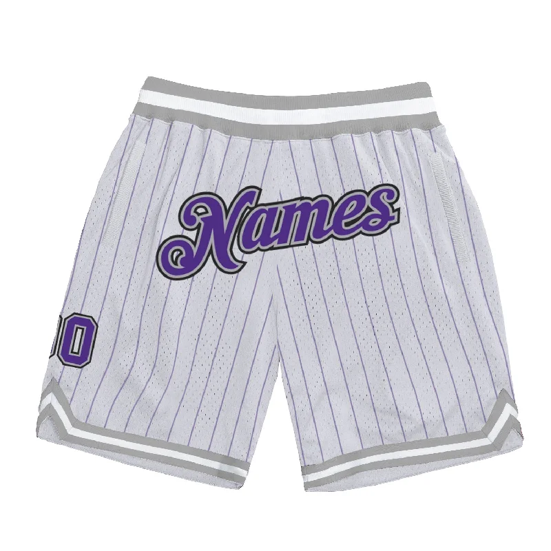 Men's basketball shorts sweat-team -Custom White Purple Pinstripe Purple-Gray Authentic Basketball Shorts