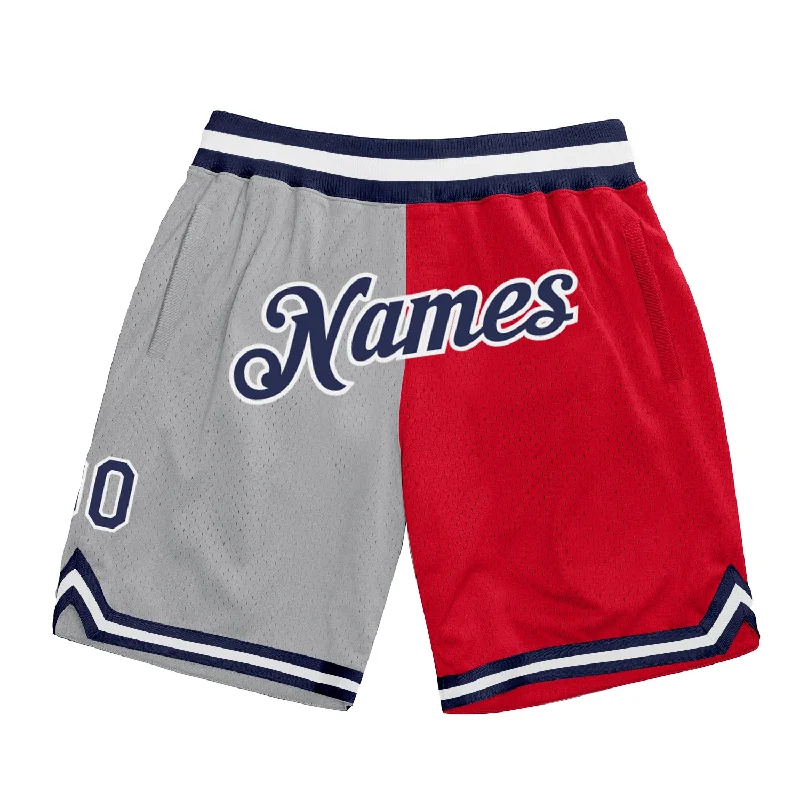 Men's basketball shorts moisture-rugged -Custom Gray Navy-Red Authentic Throwback Split Fashion Basketball Shorts