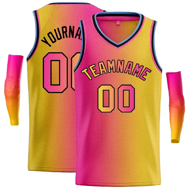 Men's basketball uniform athletic wear -Custom Pink Yellow-Black Gradient Fashion Tops Basketball Jersey