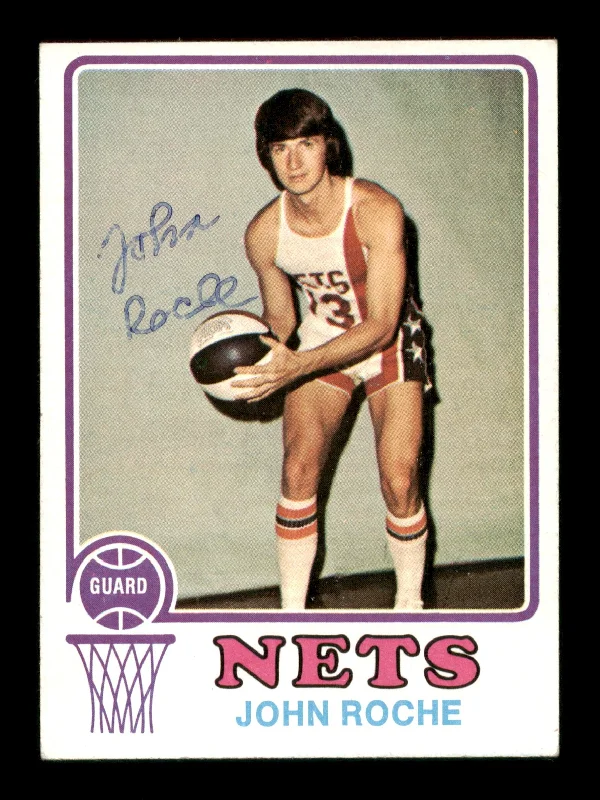 Men's basketball card player cards -John Roche Autographed 1973-74 Topps Card #201 New York Nets SKU #205336