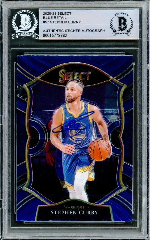 Men's basketball card custom decks -Stephen Curry Autographed 2020-21 Panini Select Blue Retail Card #57 Golden State Warriors Beckett BAS Stock #216859