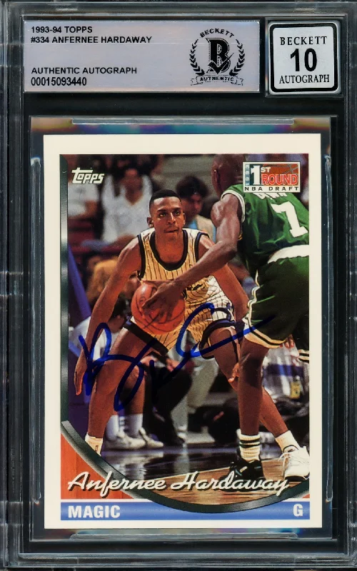 Men's basketball card team pack -Anfernee Hardaway Autographed 1993-94 Topps Rookie Card #334 Orlando Magic Auto Grade Gem Mint 10 Beckett BAS Stock #211051