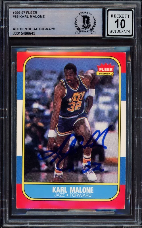 Men's basketball card pro sale -Karl Malone Autographed 1986-87 Fleer Rookie Card #68 Utah Jazz Auto Grade Gem Mint 10 Beckett BAS #15496643