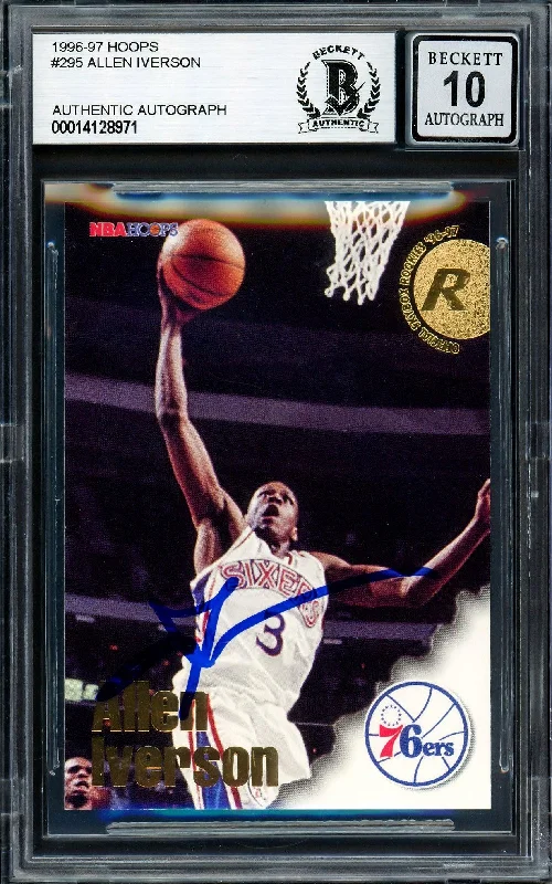 Men's basketball card bold design -Allen Iverson Autographed 1996-97 Hoops Rookie Card #295 Philadelphia 76ers Auto Grade Gem Mint 10 Beckett BAS Stock #205798