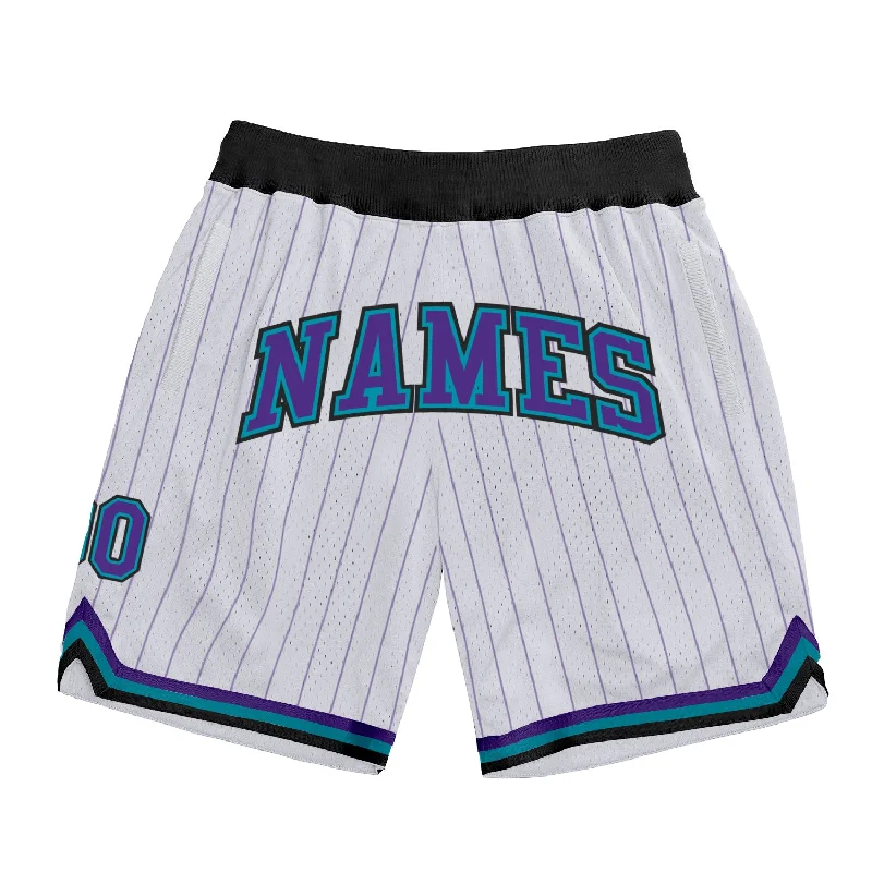 Men's basketball shorts sport-team -Custom White Purple Pinstripe Purple-Teal Authentic Basketball Shorts