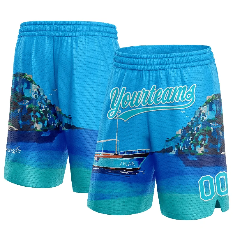 Men's basketball shorts bold-fit -Custom Light Blue Lakes Blue-White 3D Pattern Hawaii Beach Island And Ship Authentic Basketball Shorts