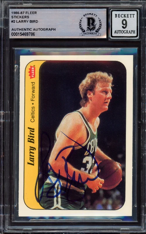 Men's basketball card design style -Larry Bird Autographed 1986-87 Fleer Sticker Card #2 Boston Celtics Auto Grade Mint 9 Beckett BAS #15469786