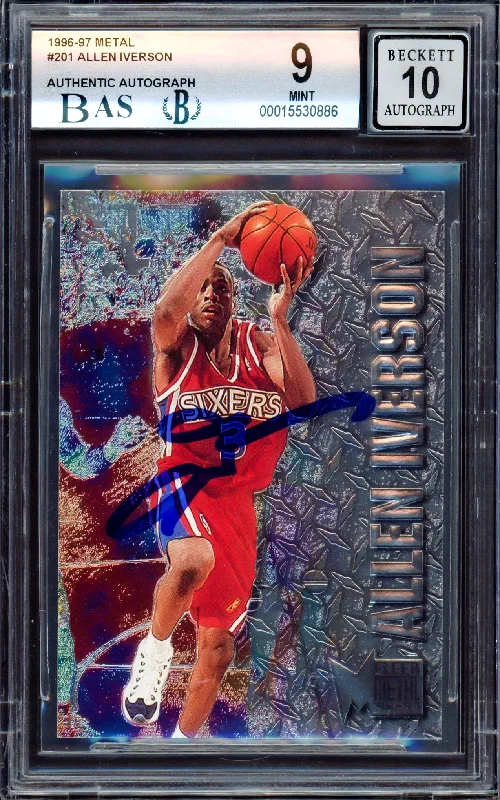 Men's basketball card lightweight deal -Allen Iverson Autographed 1996-97 Fleer Metal Rookie Card #201 Philadelphia 76ers BGS 9 Auto Grade Gem Mint 10 Beckett BAS Stock #214859