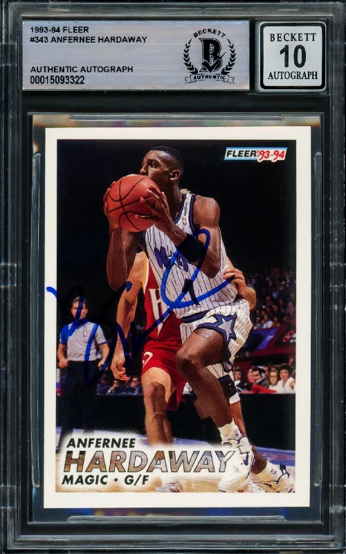 Men's basketball card custom colors -Anfernee Hardaway Autographed 1993-94 Fleer Rookie Card #343 Orlando Magic Auto Grade Gem Mint 10 Beckett BAS Stock #211046