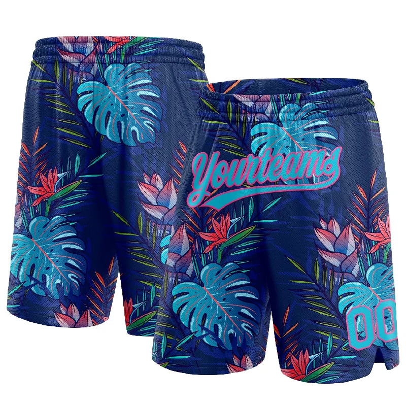 Men's basketball shorts lightweight-urban -Custom Navy Lakes Blue-Pink 3D Pattern Hawaii Palm Leaves Authentic Basketball Shorts