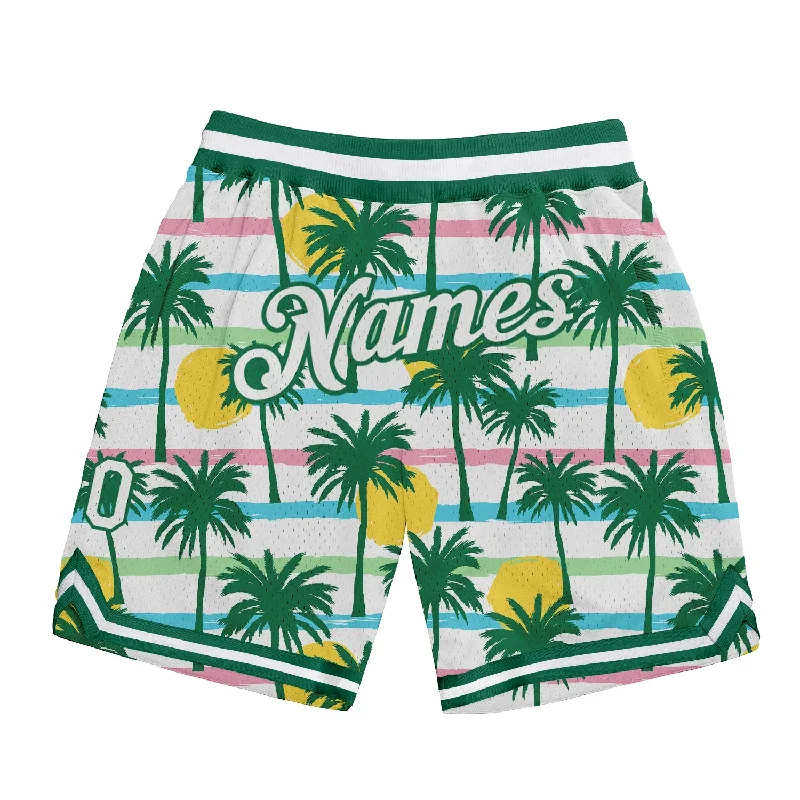 Men's basketball shorts relaxed-bold -Custom White White-Kelly Green 3D Pattern Design Palm Trees Authentic Basketball Shorts