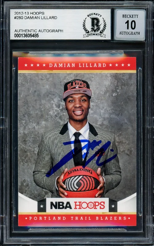 Men's basketball card athletic kit -Damian Lillard Autographed 2012-13 Panini Hoops Rookie Card #280 Portland Trail Blazers Auto Grade Gem Mint 10 Beckett BAS #13605485