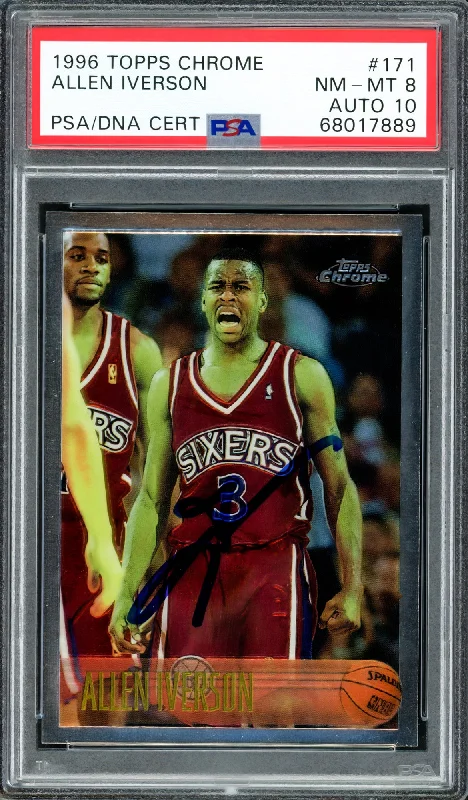 Men's basketball card seasonal release -Allen Iverson Autographed 1996-97 Topps Chrome Rookie Card #171 Philadelphia 76ers PSA 8 Auto Grade Gem Mint 10 PSA/DNA #68017889