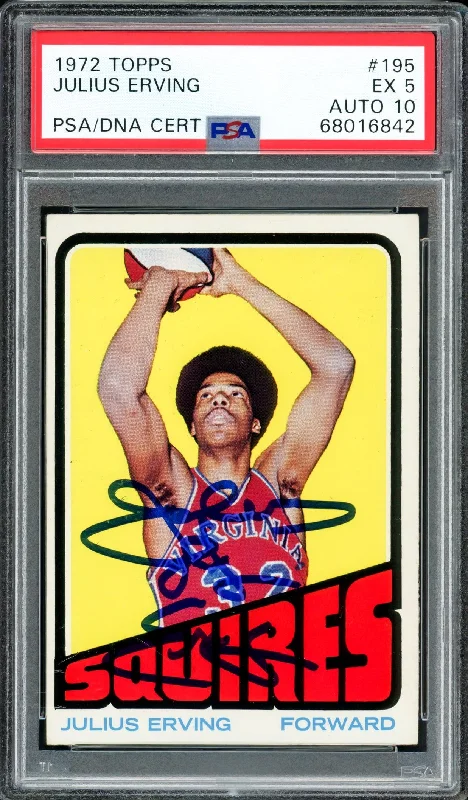 Men's basketball card squad set -Julius Dr. J Erving Autographed 1972 Topps Rookie Card #195 PSA 5 Auto Grade Gem Mint 10 PSA/DNA #68016842